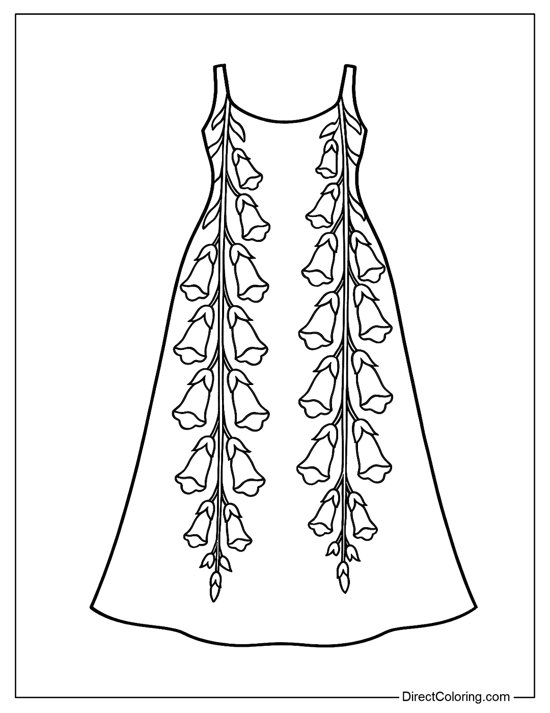 A long dress coloring page with foxglove flowers hanging from the bodice to the hem of the dress like a hanging flower chain